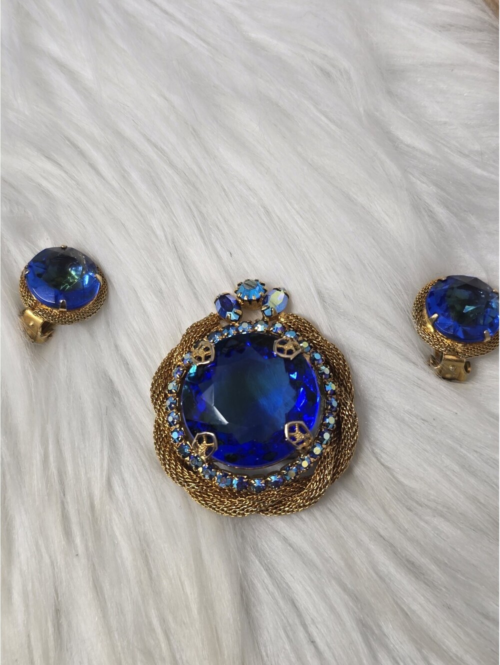 Juliana Style Sapphire Blue Headlight Brooch Earrings AB